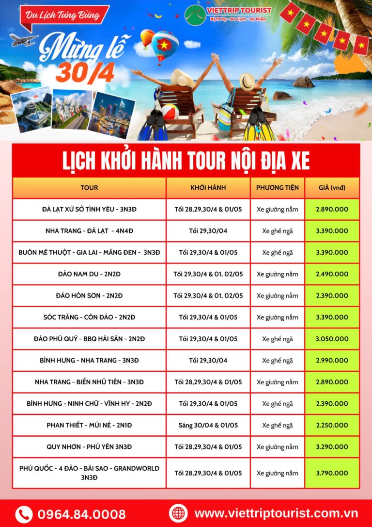 Lịch khởi hành tour xe nội địa VIETTRIP TOURIST